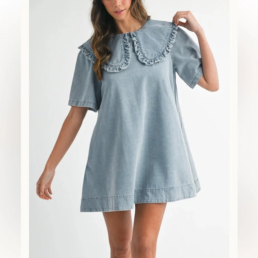 Amable by Mable Peter Pan collared light Wash denim mini dress shirt sleeve Sz S - Picture 2 of 15
